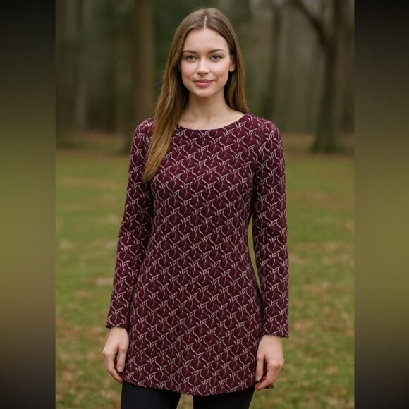 J Jill Ladie’s Ponte burgundy Top long sleeved tunic geometric Size Small - Picture 11 of 11